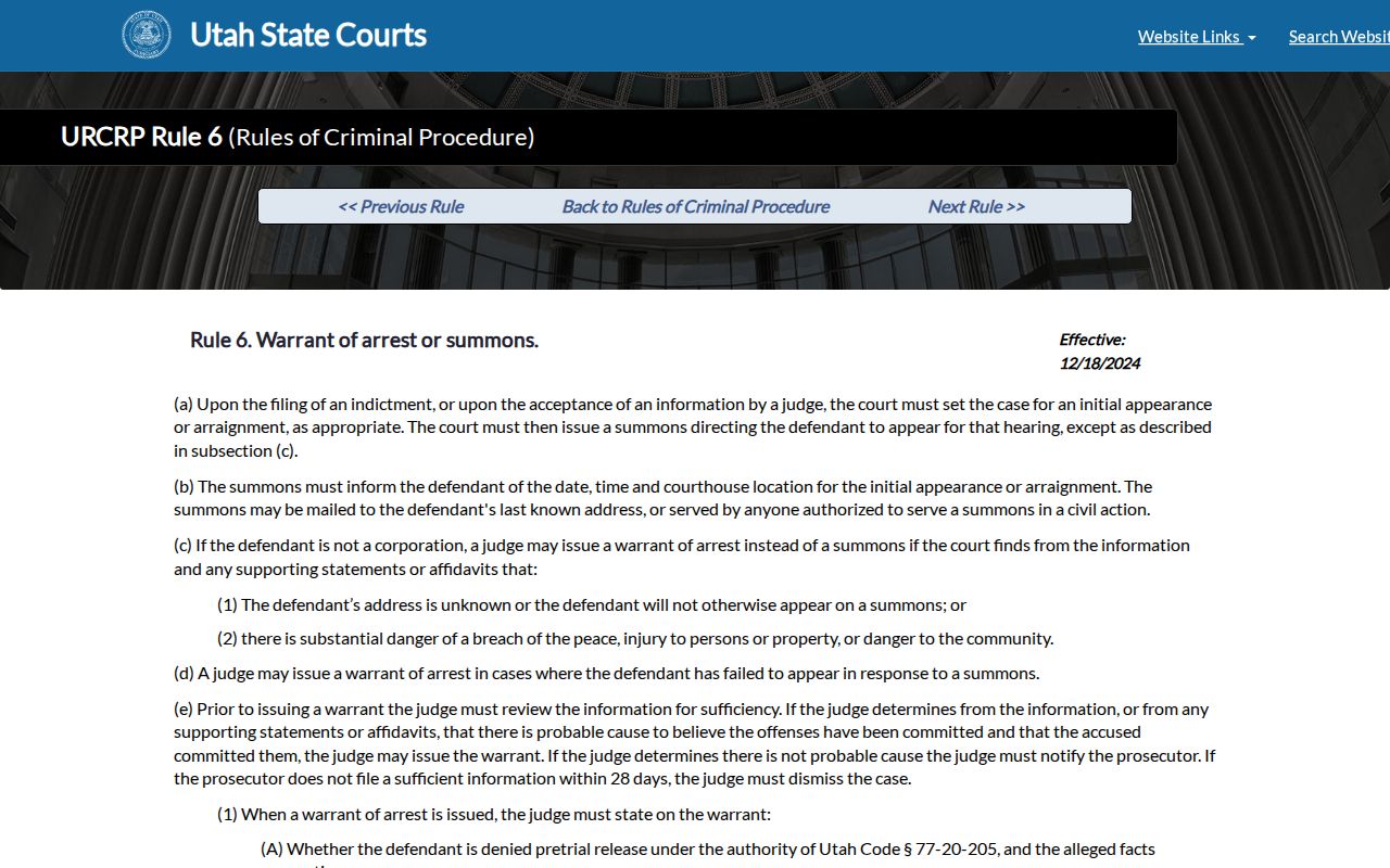 Utah Rule 6 warrant and summons process for Grand County arrest cases