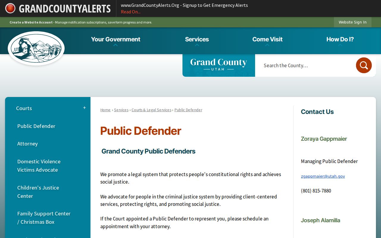 Grand County public defender contact for arrest warrant case questions