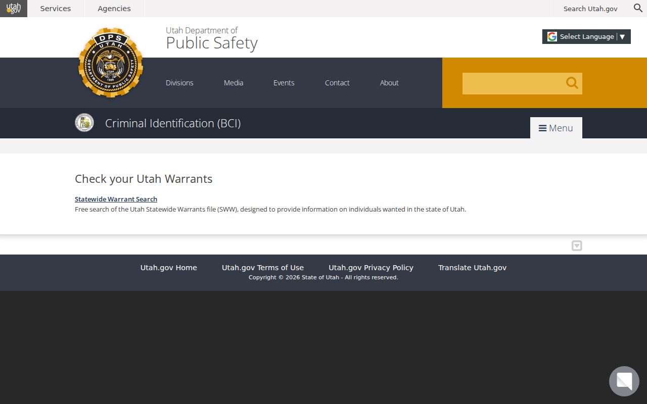 Utah BCI warrant search landing page for Grand County warrant records